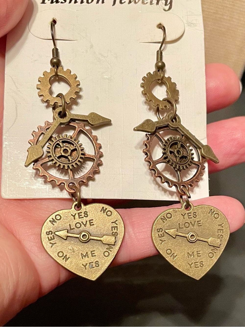 Steampunk Heart Compass Dangle Earrings - Bronze Tone